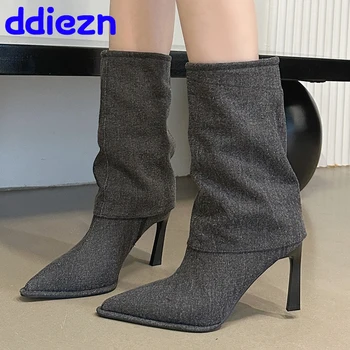 Женские короткие сапоги в западном стиле, обувь на тонком каблуке, модные слипоны с острым носком 2023 года, женские джинсовые ботинки по щиколотку, современные