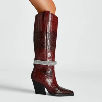 Женские сапоги до колена в западном стиле на массивном высоком каблуке, модная осенне-зимняя обувь с острым носком, большой размер 34-43