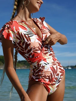 Женский купальник с винтажным принтом, цельный купальник на молнии с рюшами, 2023, женские сексуальные купальники-монокини с высоким вырезом, пляжная одежда для серфинга