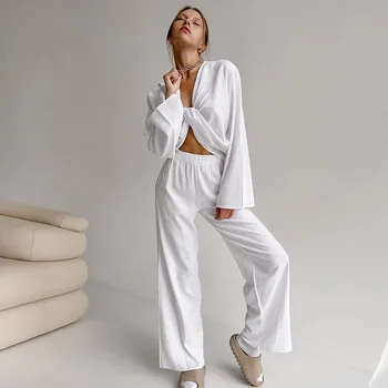 Женский осенний пижамный комплект, однотонная сексуальная женская пижама с длинным рукавом, 2 предмета с брюками, пижамный костюм из хлопка и льна для женщин 2023