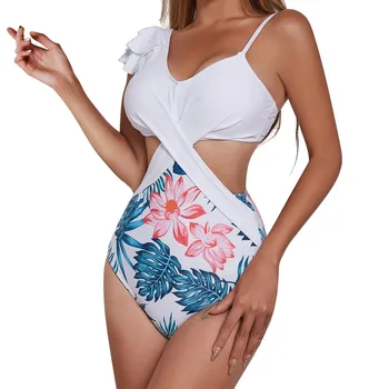Женский сексуальный купальник с принтом в пляжном стиле, присборенный, с открытой спиной, сексуальный комплект для плавания для женщин