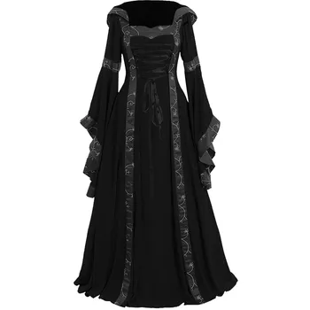 Женское винтажное готическое платье для косплея, осень-зима, готические бальные платья с цветочным принтом, платье в пол, плащ ведьмы на Хэллоуин с капюшоном