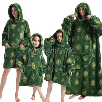 Зимнее негабаритное одеяло с капюшоном, детские Рождественские толстовки для пар, милое зеленое одеяло с капюшоном и золотым львом, детское женское семейное платье