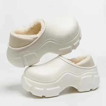 Зимние домашние тапочки на платформе из ЭВА, женские плюшевые хлопчатобумажные туфли, теплые домашние женские шлепанцы на толстой подошве, высокие каблуки 7 см