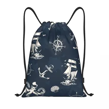 Изготовленная на заказ винтажная сумка с морским символом на шнурке для тренировок, рюкзаки для йоги, Женские Мужские рюкзаки с матросским якорем и компасом, Спортивная сумка для спортзала