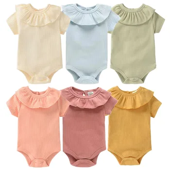 Комбинезон Для новорожденных, боди с круглым вырезом и оборками с короткими рукавами, комбинезоны для маленьких девочек, летняя облегающая одежда для малышей