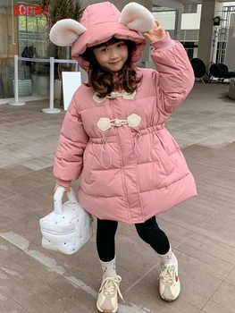 Корейская детская одежда для детей от 2 до 10 лет с подкладкой, длинная верхняя одежда, зимняя одежда, куртка для девочек, парки с капюшоном, Детские пальто