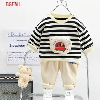 Корейская детская осенняя одежда 2023, весенняя толстовка в полоску с карманом из мультфильма 