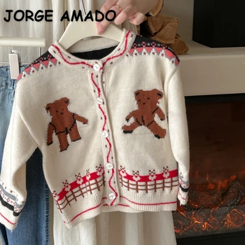 Корейский стиль, весенне-осенний свитер, пальто с длинными рукавами и мультяшным медведем, однобортный трикотаж с открытой строчкой для детей, девочек и мальчиков H4153