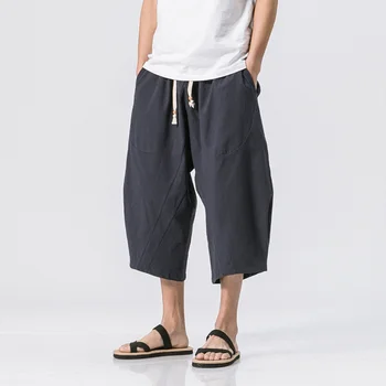 Летние Свободные хлопчатобумажные льняные повседневные брюки Шаровары Мужские шорты длиной до икр в китайском стиле Спортивные брюки Мужская одежда