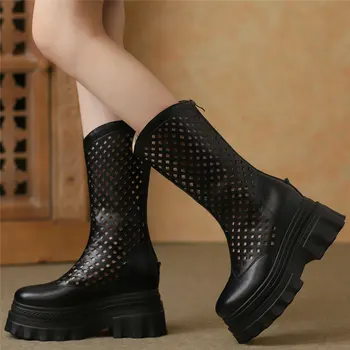 Летние туфли-лодочки, женские полые ботинки из натуральной кожи на очень высоком каблуке до середины икры, женские модные кроссовки с круглым носком, повседневная обувь