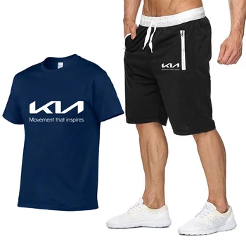 Летний мужской костюм, Новый Модный Спортивный костюм с принтом KIA Motors, Мужская Хлопковая футболка с коротким рукавом + шорты, комплект из 2 предметов