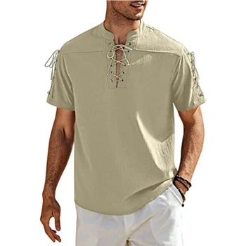 Летняя мужская футболка Soild с коротким рукавом на шнуровке в стиле хиппи, мужская базовая футболка с V-образным вырезом, повседневная футболка, одежда