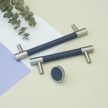 Массивная латунь + Кожаные ручки шкафа, Матовый никель, ручки для комода, темно-синие ручки для дверцы шкафа, Мебельная фурнитура