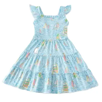 Милая одежда для прохладных летних девушек с принтом парусника, Небесно-голубое платье без рукавов длиной до колен из молочного шелка.