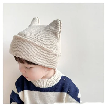 Милая однотонная детская вязаная шапка, осенне-зимняя шапочка-бини для новорожденных девочек и мальчиков, мультяшные теплые шапочки-капоты для малышей
