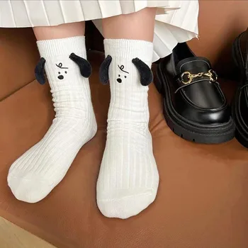 Милые женские носки с мультяшными 3D собаками, средний носок в виде трубки для девочек, хлопковые длинные носки в полоску, кальцетины 양말
