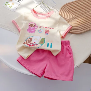 Милые комплекты одежды для маленьких девочек, летние футболки с короткими рукавами и мультяшным принтом + розовые шорты, 2 предмета, детский повседневный костюм, детская одежда от 1 до 6 лет