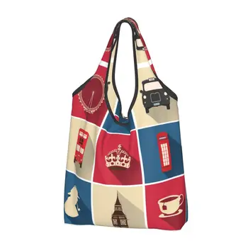 Модная винтажная сумка для покупок с символом Великобритании и Лондона, переносная сумка для покупок с красным флагом Великобритании, сумка для покупок в автобусе, сумка для покупок на плечо