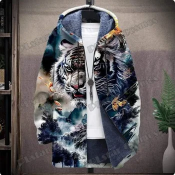 Модная зимняя мужская куртка с рисунком животных Льва и тигра, граффити, 3D-принтованная куртка с капюшоном, повседневная толстая утепленная куртка с капюшоном