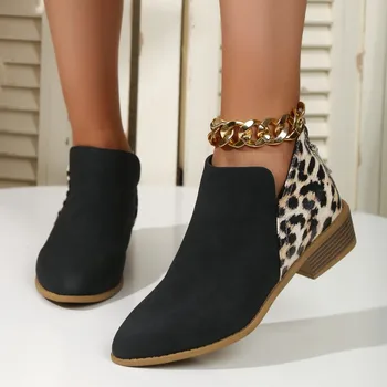 Модные леопардовые сапоги для женщин 2023, Комфортная женская обувь без застежки, осенние ботильоны в стиле ретро с острым носком, женские повседневные ботинки на низком каблуке