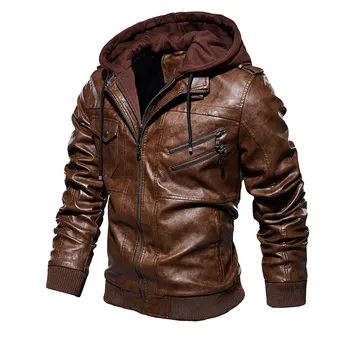 Мужская кожаная куртка с длинными рукавами, плюшевая теплая ветрозащитная куртка с капюшоном из искусственной кожи, кожаная куртка с металлической застежкой-молнией