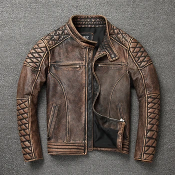Мужская куртка из воловьей кожи, повседневная куртка со стоячим воротником, сделанная на старом мотоцикле, роскошная куртка из натуральной кожи, мужская винтажная одежда из натуральной кожи