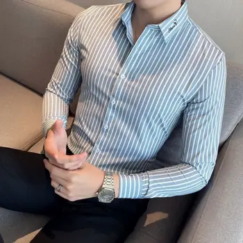 Мужская рубашка С длинным рукавом, весенне-осенние полосатые рубашки с вышивкой от морщин, деловой повседневный Корейский приталенный красивый топ