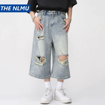 Мужские летние рваные джинсовые шорты 2023 года, потертые модные свободные синие джинсовые шорты