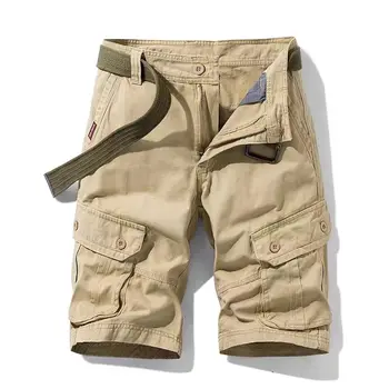 Мужские хлопчатобумажные дышащие шорты повседневная твердые свободные прямые мульти-карман, пуговицы пляж короткие брюки унисекс панк уличная