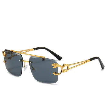 Новая европейская и американская мода 2023 года с двойной отделкой, квадратные мужские солнцезащитные очки без оправы, солнцезащитные очки женского леопарда