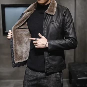 Новая модная брендовая флисовая толстая мужская кожаная куртка с теплым отворотом, плюс флисовая мужская одежда, уличное пальто для мужчин, Горячая распродажа