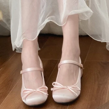 Новинка 2023 года, модные туфли на высоком каблуке с круглым носком и мелким бантиком, повседневные розовые туфли с красивой пряжкой, весенне-осенние женские туфли на высоком каблуке