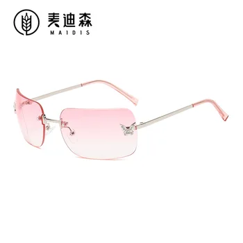новые бескаркасные квадратные солнцезащитные очки с бриллиантами, женские 2023, высококачественный трендовый продукт, модные очки для вождения, ретро-рейв-вечеринка glasse
