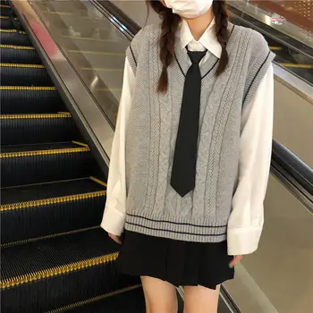 Новый вязаный осенний жилет в студенческом стиле для женщин, свитер с V-образным вырезом для студентов, японская школьная форма