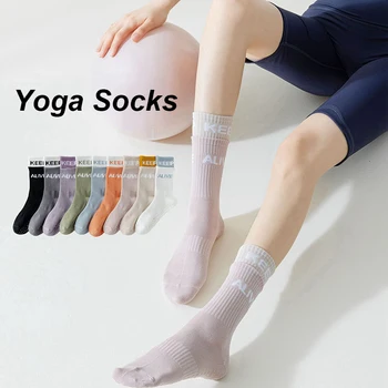 Носки для йоги, Хлопчатобумажный низ со средней трубкой, профессиональные нескользящие силиконовые носки для фитнеса в помещении, носки для пола, спортивные носки для танцев, пилатеса.