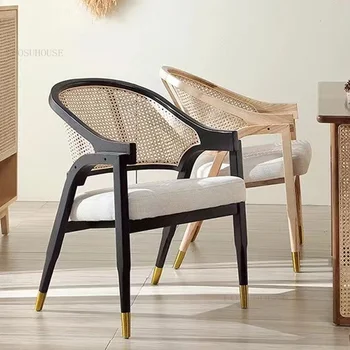 Обеденные стулья из ротанга в скандинавском стиле, домашний обеденный стул из массива дерева для отдыха, кресло со спинкой, дизайнерская мебель для столовой, одноместный стул