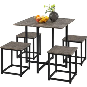 Обеденный набор Easyfashion из 5 предметов с промышленным квадратным столом и 4 стульями без спинок, коричневый