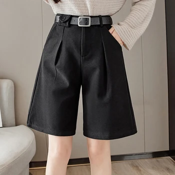 Осенне-зимние утепленные шорты длиной до колен для женщин 2023 года, повседневные свободные шерстяные широкие короткие брюки кофейного цвета
