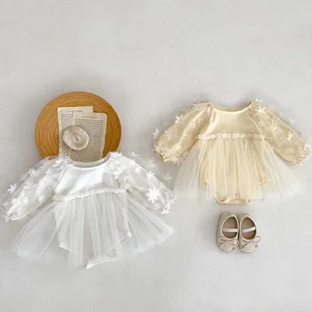 Осеннее детское сетчатое платье-боди с цветочным рисунком для девочек, хлопковое модное платье для новорожденных, модные платья с длинными рукавами, детская одежда