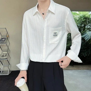 Осенние Винтажные Мужские рубашки с карманами, блузка, Корейская Мужская рубашка в полоску с длинными рукавами, большие размеры, Camisas De Hombre 3XL