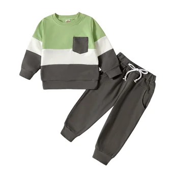 Осенняя одежда для мальчиков контрастного цвета, свитшоты с круглым вырезом и длинными рукавами и длинные брюки с эластичной резинкой на талии, комплект одежды из 2 предметов