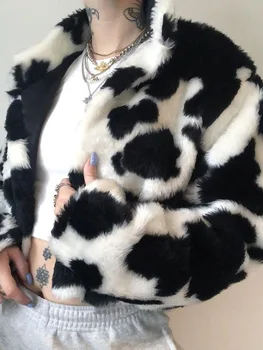 Пальто из искусственного меха, Женская Модная куртка с принтом молочной Коровы, Зимний Толстый Элегантный Теплый флисовый кардиган, куртка в стиле Панк, готика, Укороченная Уличная одежда