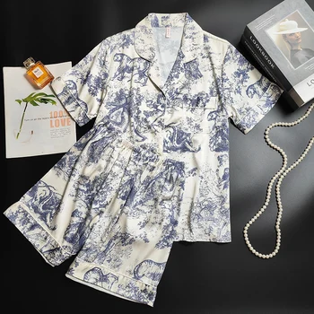 Пижама для женщин, летние шорты из тонкого ледяного шелка с короткими рукавами, Пижама, комплект домашней одежды из двух частей с лацканами и принтом
