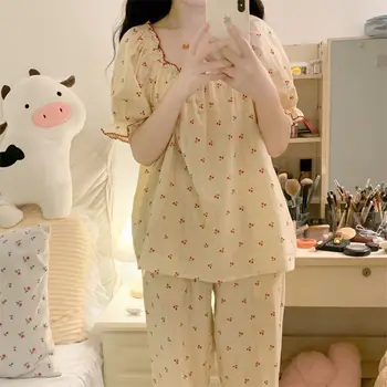 Пижама с вишневым принтом, Пижамный женский комплект из двух предметов в корейском стиле, Пижамный домашний костюм, одежда для отдыха