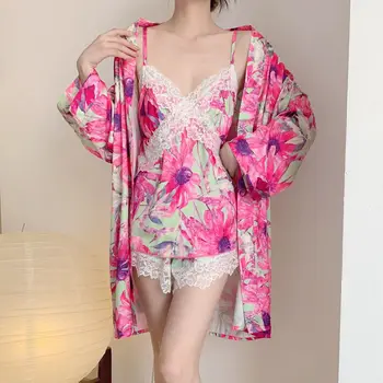 Пижамный костюм с принтом из 3ШТ, Атласное Женское Кимоно, халат, Халат, Сексуальная пижама, комплект для сна, Пижама, пижама для сна, Летняя одежда для отдыха