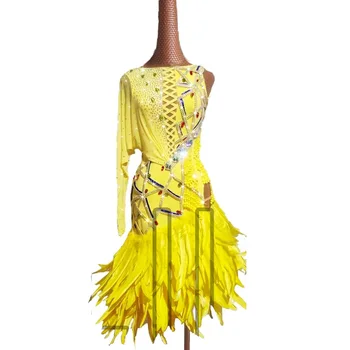 Платье для латиноамериканских танцев Высокого класса, изготовленное на заказ, нерегулярная вспышка, хвост из перьев, Ча-Ча-танго, женская профессиональная одежда для сцены для взрослых