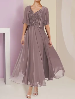 Платье для матери невесты из двух частей, шифоновые аппликации, V-образный вырез, Короткий рукав длиной до щиколоток, Официальная элегантная гостья свадебной вечеринки 2023