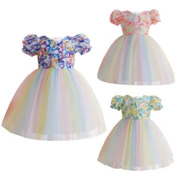 Платье принцессы из тюля с пышными рукавами для маленьких девочек, бальное платье с 3D цветочным бисером для вечеринки