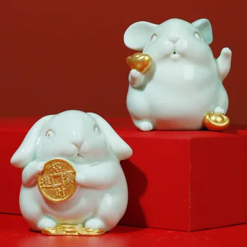 Подарочное украшение Zhaocai Rabbit Креативное Керамическое Украшение для дома Пара Маленьких Свежих Высококачественных Подарочных коробок